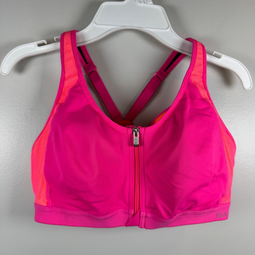 Victoria's Secret VSX Sport Bra Pink Orange Front Zip High Impact 36B‎ Underwire